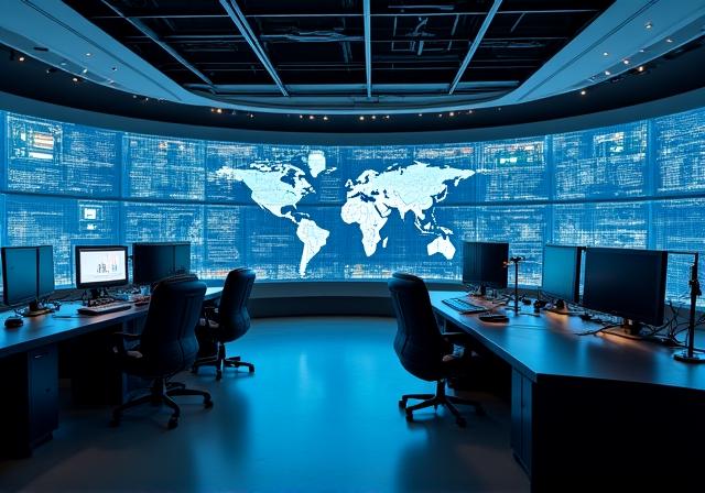 A clean, modern control room showing business intelligence metrics on large screens