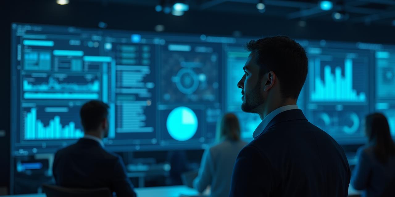 Data analyst looking relieved in a high-tech office with floating digital dashboards