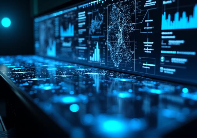 Futuristic AI dashboard interface with holographic data points